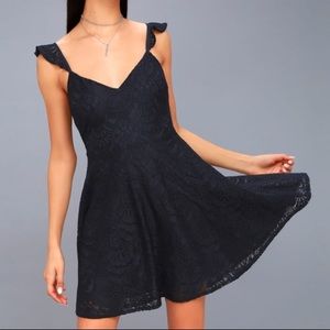 LULUS ADORABLE NAVYBLUE LACE BACKLESS SKATER DRESS